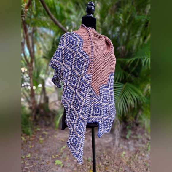 Hand Knit Shawl Blue Brown Beige Hand Dyed Yarn Mosaic Colorwork Soft Warm Cozy - Picture 3 of 16